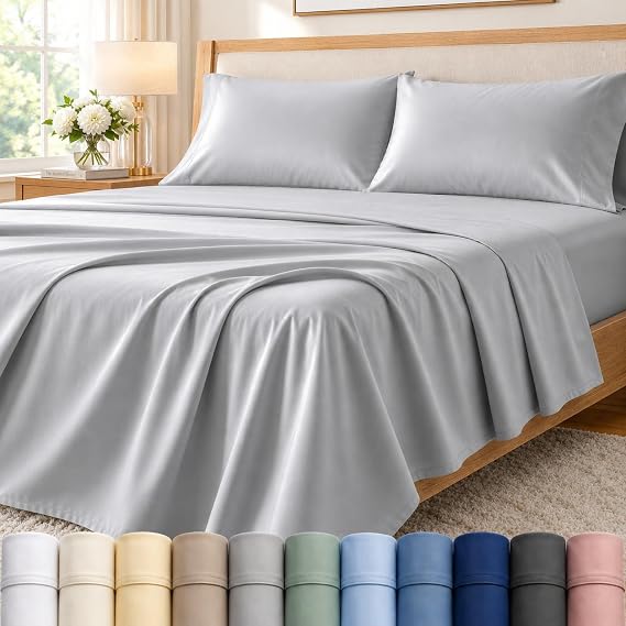 King Size Sheets Set,15" Deep Pocket Fitted Sheet & Pillowcase Sets, Silver
