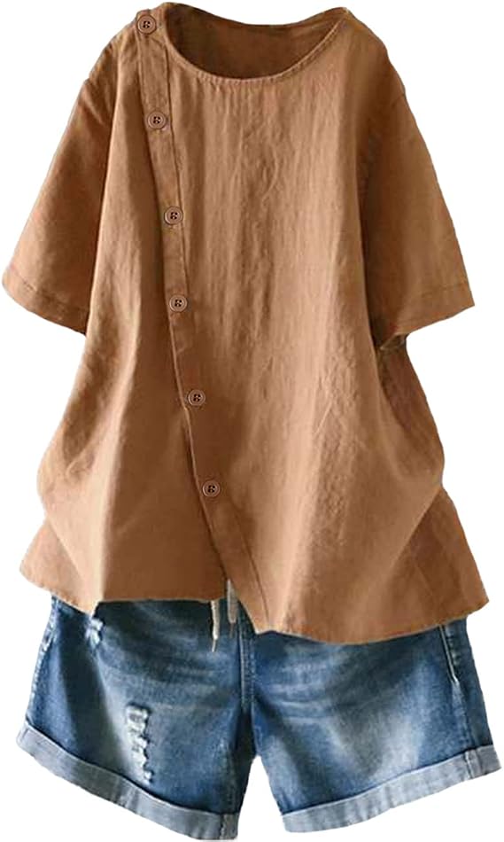 Minibee Women's Linen Blouse Tunic Short Sleeve Shirt Tops With Buttons Decoration