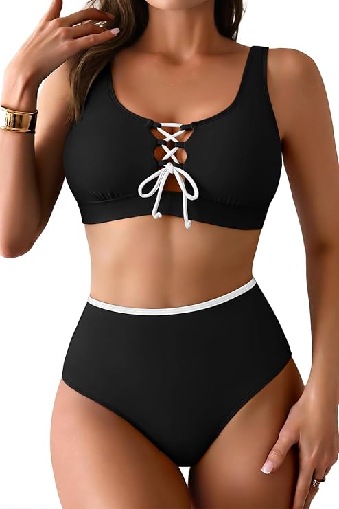 PINK QUEEN High Waisted Bikini Sets for Women 2026 Two Piece Tummy Control Swimsuit Cutout Cheeky Bathing Suit