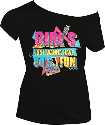 90s 80s Outfit for Women 80s Theme Party Disco Shirt Off The Shoulder Tops Vintage 90s Neon Off Shoulder Top