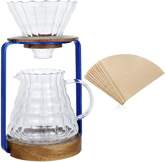SOTECH Pour Over Coffee Dripper Stand with Metal Stand Wooden Filter Holder Glass Server with Paper Coffee Filters, Coffee Maker Stand Set for Coffee Tea and Saffron