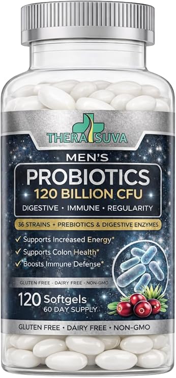 Mens Advanced Probiotics 120 Billion CFU - 36 Strains + Prebiotics, Enzymes & Veggie Blend for Gut, Immune & Colon Health - 2 Month Supply, 120 Softgels