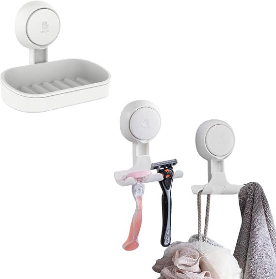 Soap Dish Holder & 2 Pack Razor Holder for Shower, Powerful Vacuum Suction Cup Hooks for Bathroom, Damage-Free Hanging Shower Hooks for Towel