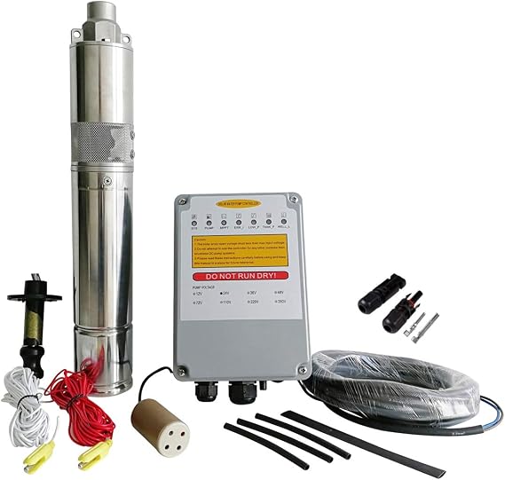 Solar Water Pump 24VDC | Stainless Steel 316 Deep Submersible Pump for Boreholes, Ponds | 165ft Head, 5.7GPM, MPPT Controller,JS3-1.3-50