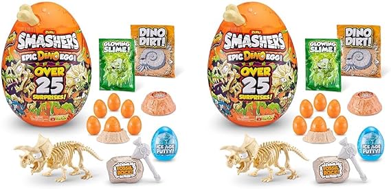 Smashers Epic Dino Egg Collectibles Triceratops Series 3 Dino by ZURU - with Over 25 Surprises, Slime, Fossil Toy, Ice Age Putty, Dinosaur Toys, Triceratops (Pack of 2)