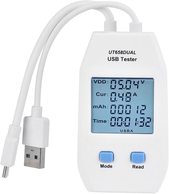Eujgoov USB Tester USB Power Meter Tester, Detector Voltage Current Meter Multimeter with Digital LCD Display for Portable Power Sources and Data Cables (UT658 Dual)