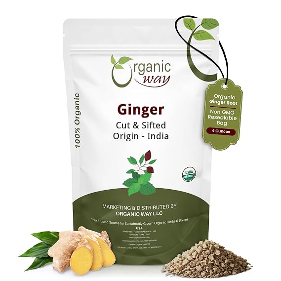 Organic Way Dried Ginger Root Cut & Sifted - Origin - India (4 Ounce)