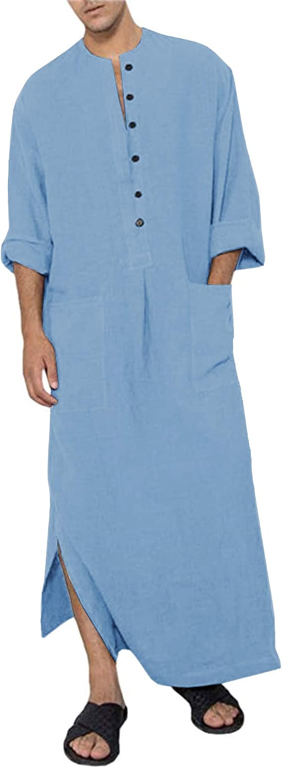 Jacansi Men's Button up Cotton Robe Long Sleeve Kaftan Thobe Long Gown Casual Shirt for Beach