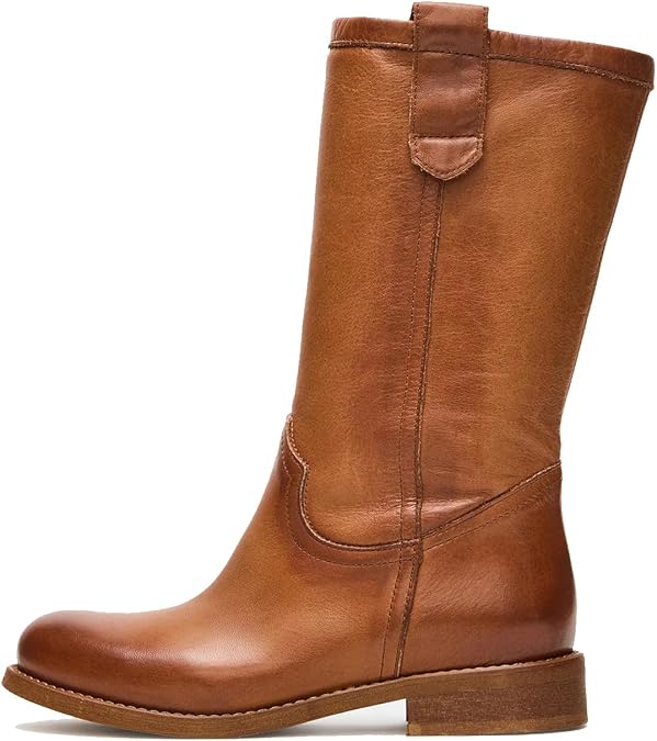 Mid Calf Boots for Women Chunky Block Heel Pull On Boots Round Toe Low Heel Trendy Stylish Riding Boots