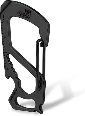 KeyUnity KS00BK Carabiner Clip Multitool Stainless Steel 7 Tools in 1, Quick Release Clasp, Wrench, Cross Screwdriver, Slotted Screwdriver, Bottle Opener, Ruler, Key Holder PVD Black