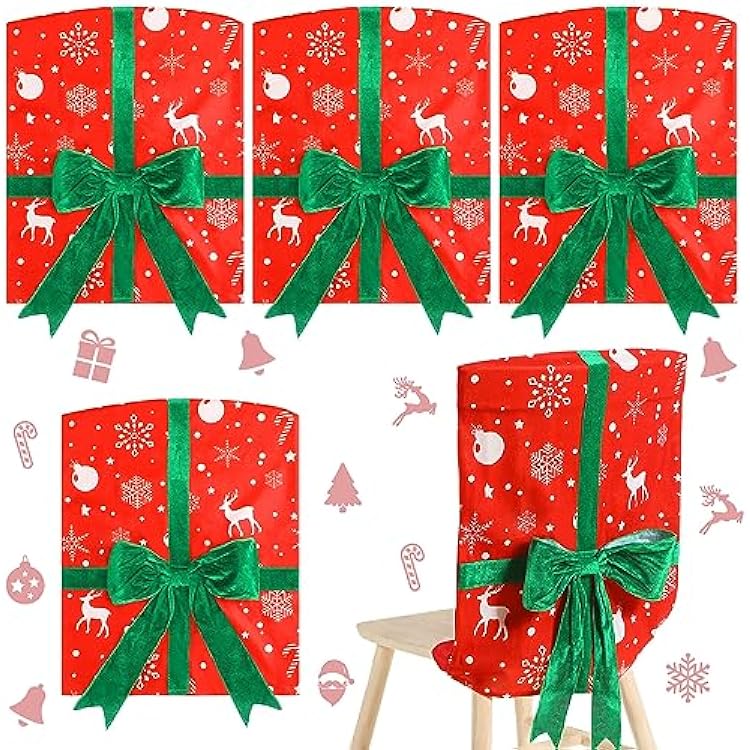 Buryeah 4 Pcs Christmas Dining Chair Back Cover Christmas Covers Dining Room Slipcovers Set Removable Washable Snowflake Bow Chair Decoration Slipcovers for Xmas Party Room Kitchen Decor