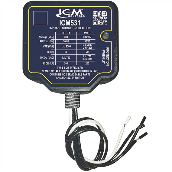 ICM531 3-Phase Type I/II SPD; NEMA Type 4X Waterproof Plastic Enclosure with 3/4" Conduit Connection and Status LED; 480VAC Delta or 277/480 VAC Wye Config. SCCR: 200 kA, UL Listed