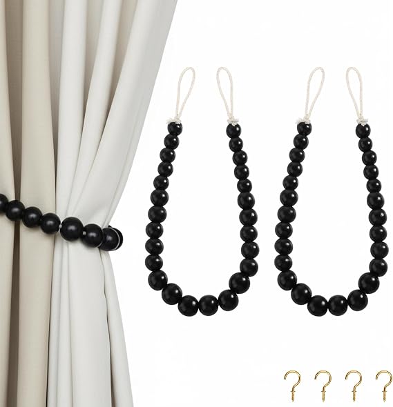 Hion 2 Pcs Boho Curtain Tiebacks,Wood Beads Curtain Holdbacks,Outdoor Farmhouse Tie Backs for Curtains,Curtain Holders for Drapes Home Office Room Decor with Hooks(Black)