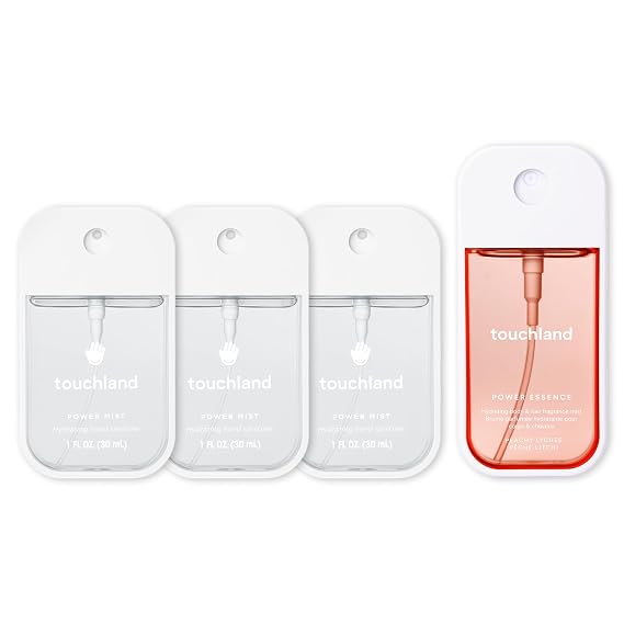 Touchland DELICATE DREAMS SET, Power Mist Hydrating Hand Sanitizer Spray, (Rainwater, Unscented, Beach Coco) 1 FL. OZ. + Peachy Lychee Body & Hair Fragrance Mist, 2 FL. OZ., Travel Size Set