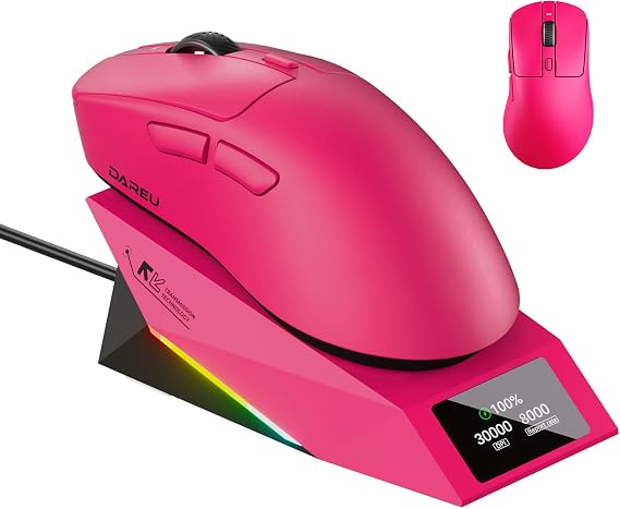 DAREU AE7 Pro Wireless Gaming Mouse with Charging Dock, 8K Polling, 30K DPI Custom P3950 Sensor, 62g Lightweight Right-Handed Mouse w/Tri-Mode connectivity,6 Programmable Buttons