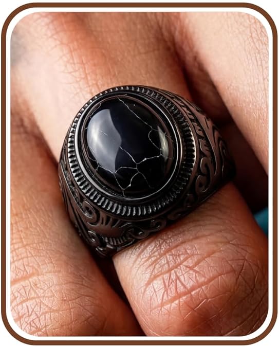 Dochais Black Onyx Mens Rings Retro 316L Stainless Steel Rings for Men Statement Biker Onyx Ring Comfortable Oval Black Stone Tigers Eye Ring Promise Engagement Wedding Jewelry Size 8-13