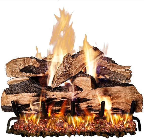 Peterson Real Fyre 24-inch Split Oak Gas Log Set with ANSI Certified G45 Dual Flame Vented Burner, 90,000 BTU, Handheld Remote, Auto Safety Pilot Valve, Glowing Embers for Vented Natural Gas Fireplace