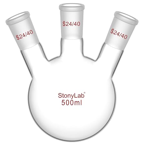 StonyLab Borosilicate Glass 3 Neck Round Bottom Flask RBF, with 24/40 Center and Side Standard Taper Outer Joint 500ml