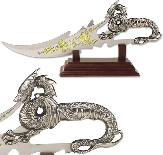 MASTER USA Fantasy Dragon Knife with Wood Display Stand OR Sheath (Silver)