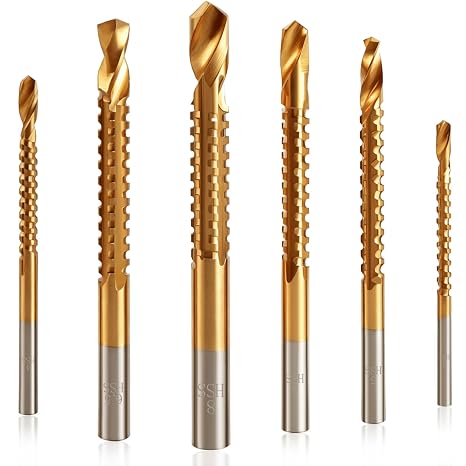 JONMON 6 Pack Titanium Coated HSS Twist Drill Bits - 3-8mm Serrated Drilling Grooving Side Cutting Drill Bit, Woodworking Hole Enlarging Tools for Wood, Plastic, Aluminum, Thin Metal