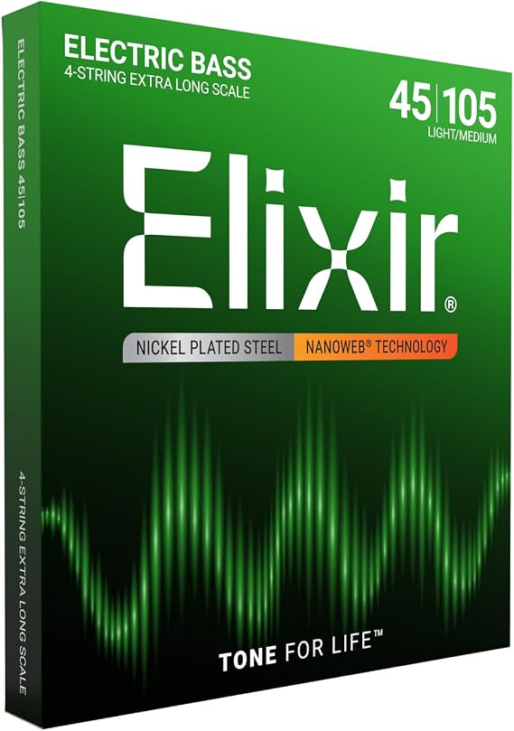 Elixir Strings, Electric Bass Guitar Strings, Nickel Plated Steel with NANOWEB Technology, Longest-Lasting Warm Tone with Comfortable Feel, 4-String Set, Extra Long Scale, Light/Medium 45-105