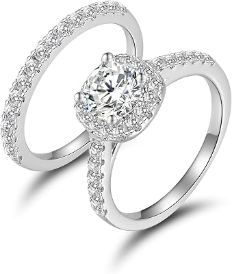 MDFUN 18K Gold Plated Eternity Ring Sets,6mm Round Cubic Zirconia Halo CZ Two-In-One Stackable Wedding Engagement Promise Rings for Women