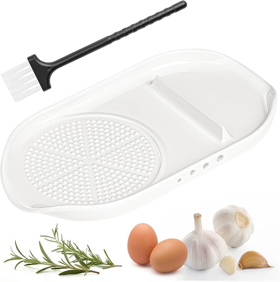 Luvan Garlic Grater Plate, 4 in 1 Ceramic Egg Cracker, Spoon Rest, Herb Stripper Bowl for Kitchen, Porcelain Garlic Ginger Grater with Brush & Silicone Pad for Grinding Wasabi, Ginger, Garlic, Cheese