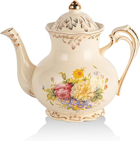 YOLIFE Small Flowering Shrubs Teapot, 25 OZ/2 Cup Vintage Porcelain Tea Pot | Ivory Floral Teapot with Gold Leaves Trim Design, Gifts for Women