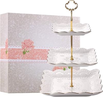 Eglaf Ceramic Cupcake Stand - Golden Edge Embossed Porcelain Dessert Display Stand - 3-Tier Square Tea Cake Stand for Baby Shower, Birthday, Weddings, Tea Party