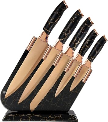 Kitchen Knife Set, Knives Set with Acrylic Storage Block, 6 Pieces Sharp Knife Set, Stainless Steel Beautiful Black Marbling Handle Champagne Gold Blade Knife Black HandleChampagne Gold Blade