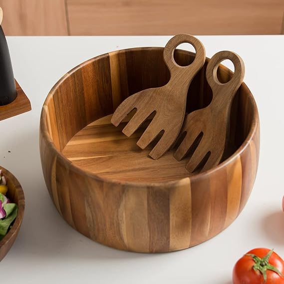 Wood Salad Bowl with Salad Hands, Large 12 5/8 inch Acacia Wooden Salad Serving Bowl Set, Mixing Fruits Container With Serving Utensils Servers Claw For Entertaining Family Party Dinner