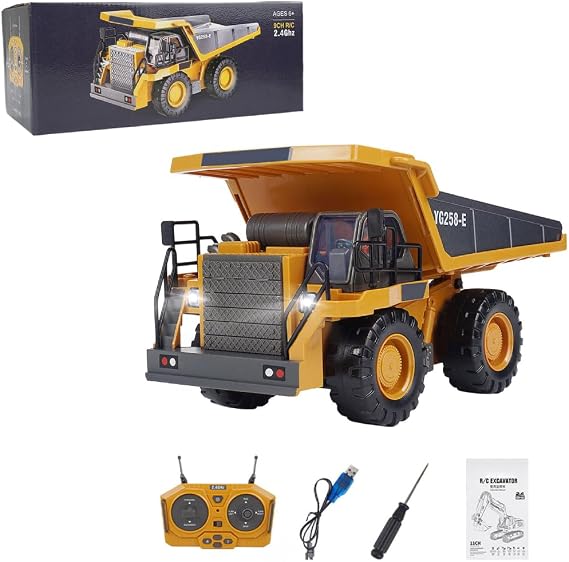 2.4G RC Mining Dump Truck, 1:24 9CH Alloy RC Tractor Toy with Lights and Sound Effects, All Terrains RC Construction Vehicles Toy and Gifts for RC Hobbyist (RTR Version)
