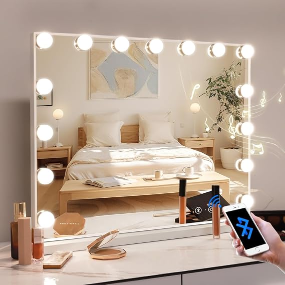 Vanity Mirror with Lights, 22.8"x 18.1" Lighted Makeup Mirror with Bluetooth Speaker, 15 Dimmable LED Bulbs & 3 Lighting Modes, USB Charge Port