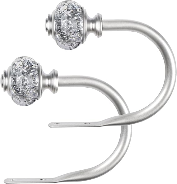 USFOOK Silver Curtain Holdbacks, Decorative Drapery Tiebacks, 2 Pack/1 Pair | Curtain Hooks for Drapes, Wall Mounted, Vintage Crystal Finials, Durable Metal Material, Size: Small(3.95" L x 3.4" W)