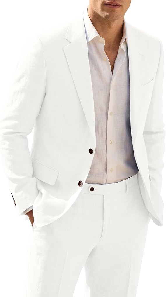 Linen Suits for Men Slim Fit Groomsmen Linen Blazer Pants Suit