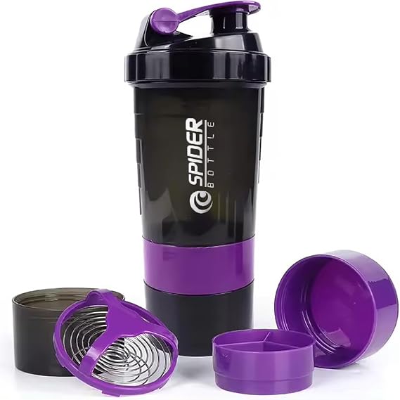 16oz Protein Shaker Bottle, 3 Layer Twist Off GYM Shaker Cup Shake Bottle with Mix Grid and Pill & Supplement Storage, Leak Proof Shaker for Protein Shakers (Purple)