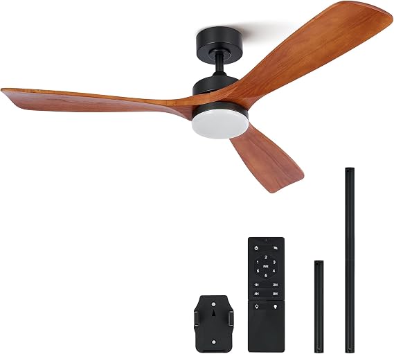 VONLUCE Ceiling Fan with Light Remote Control, 52" Modern Ceiling Fans with Timer 6 Speeds Noiseless Reversible Motor, 132 cm Wood Ceiling Fan for Bedroom Farmhouse Patios, Light Walnut [Energy Class A]