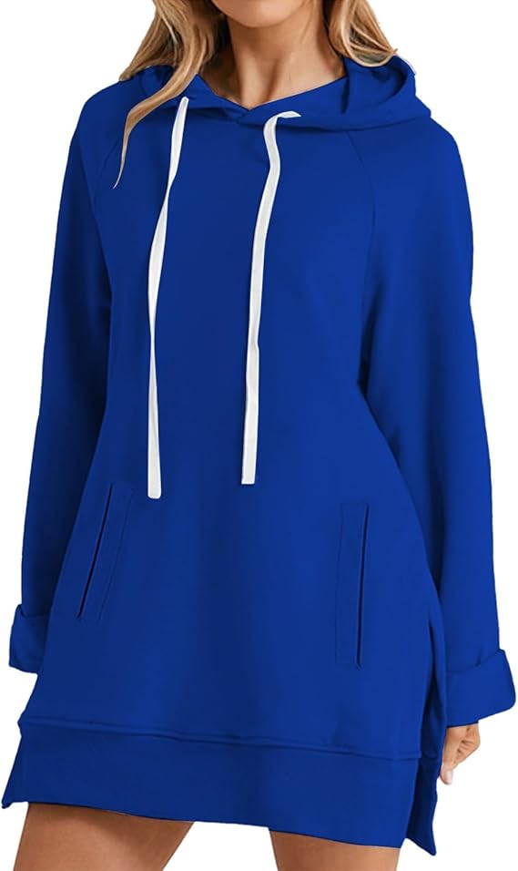 Warmy Oversized Hoodie Dress for Women Cute Sweatshirts Pullover Split Hem Drawstring Long Sweatshirt with Pocket
