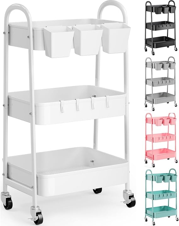 3 Tier Heavy Duty White Metal Rolling Cart with Lockable Wheels,Roller Cart | Three Tier Book Snack Cart, Utility Storage Organizer Carts for Kitchen, Bathroom, Garage, Baby Diaper, Craft, Art, Teacher