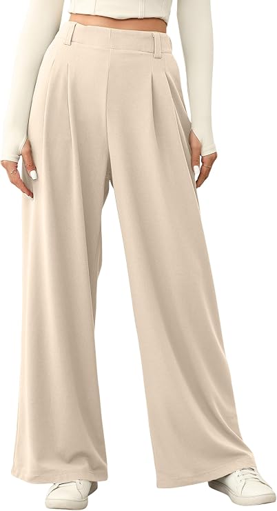 EVALESS Women's Wide Leg Pants Waffle Knit Work Trousers with Pockets
