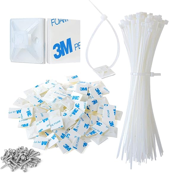 3/4" Strong Back-Glue Self Adhesive White Cable Zip Tie Mounts 100pcs with 8" Ties, Screws, Outdoor Sticky Wire Fasteners Cable Clips Management Anchors Organizer Holders Squares