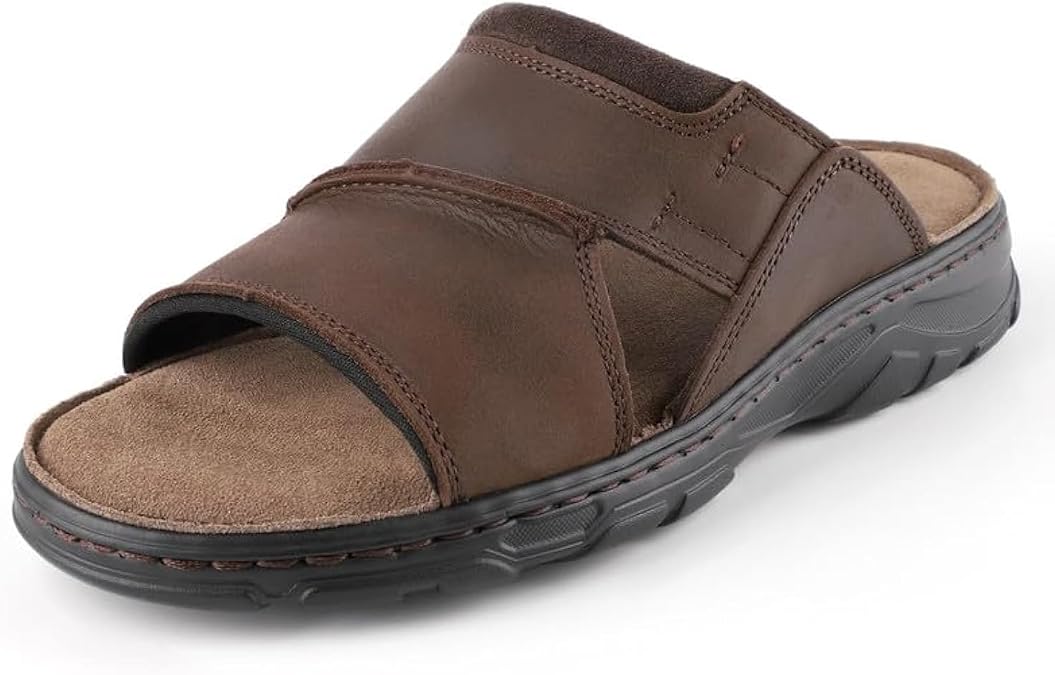 riemot Mens Leather Sandals Memory Foam Footbed Summer Beach Sandal Indoor Outdoor Thick Sole Non-slip Lightweight Slides Brown