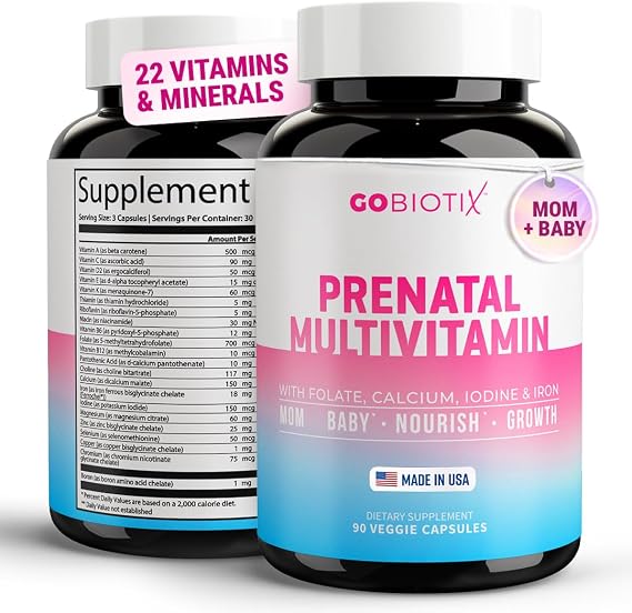 GOBIOTIX Prenatal Vitamins for Women - Multivitamins with Iron, Calcium, Vitamin D2, C, Zinc & Folic Acid for Pregnancy - Pre and Postpartum Essentials - Non-GMO - 90 Capsules