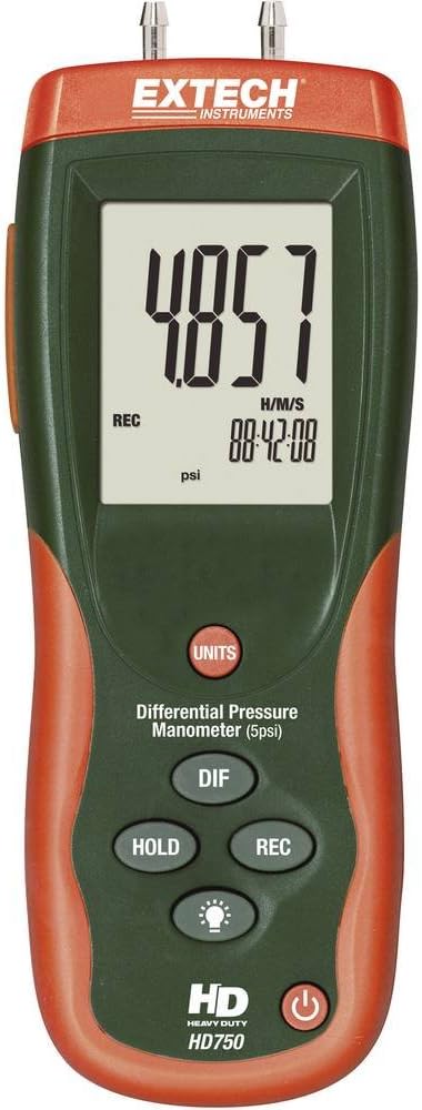 Extech HD750 Differential Pressure Manometer - 5PSI | +/-5 psi range, 11 pressure units, MIN/MAX with time stamp, data hold, zero, USB software, backlit LCD