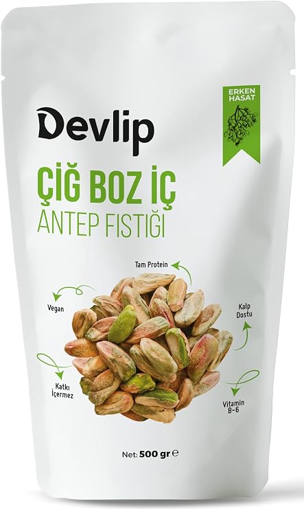Devlip Erken Hasat (Boz) Çiğ İç Antep Fıstığı, 500 GR, Kilitli (Aç-Kapa) Ambalaj, Vegan