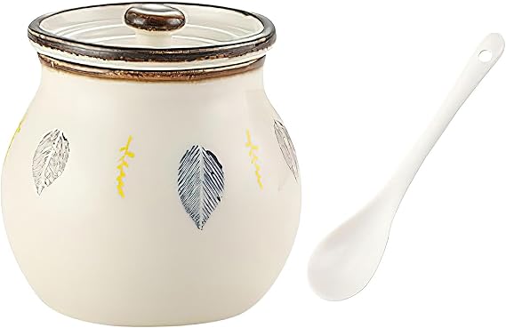 Ceramic Salt and Sugar Bowl, Porcelain Condiment Jars with Lid and Spoon, Seasoning Spice Pot Bowl, Salt Sugar Pepper Storage Jar, 400ml, Leaves
