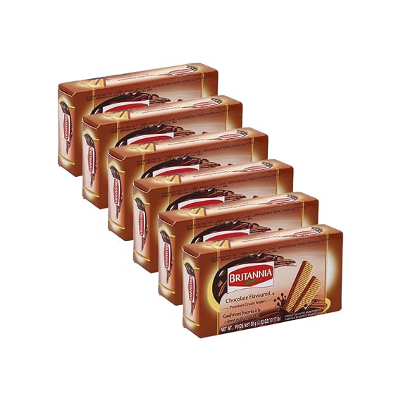Britannia Chocolate Flavoured Premium Cream Wafers 2.28oz (80g) - Breakfast & Tea Time Snacks - Crunchy, Healthy and Delicious (Pack of 6)