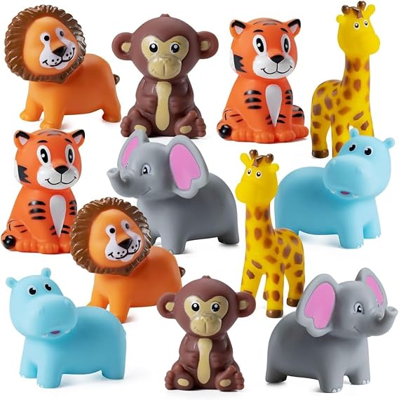 Mini Zoo Animal Bath Toys (12-Pack) Vinyl Rubber Safari Animal Figures | Squeezable Jungle Bath Tub Toys for Kids, Baby Showers, Birthday Party Supplies, Cake Decorations, Table Decor & Favors