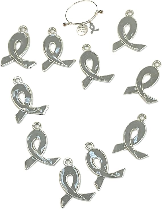 Ribbon Charms For Bracelet Making, Gray Ribbon Brain Cancer Awareness Charms Bulk, DIY Jewelry Supplies, Gift For Beader, 21mm x15mm, 10 pcs