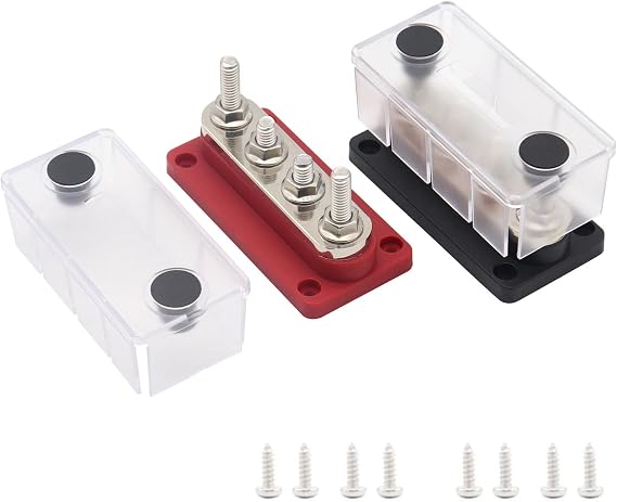 300A Bus Bar Power Distribution Block Terminal 4 x 5/16" (M8) | Heavy Duty Busbar Powerbar with Cover for Automotive, Car, Solar Wiring - Positive&Negative |12V-48V DC Red&Black
